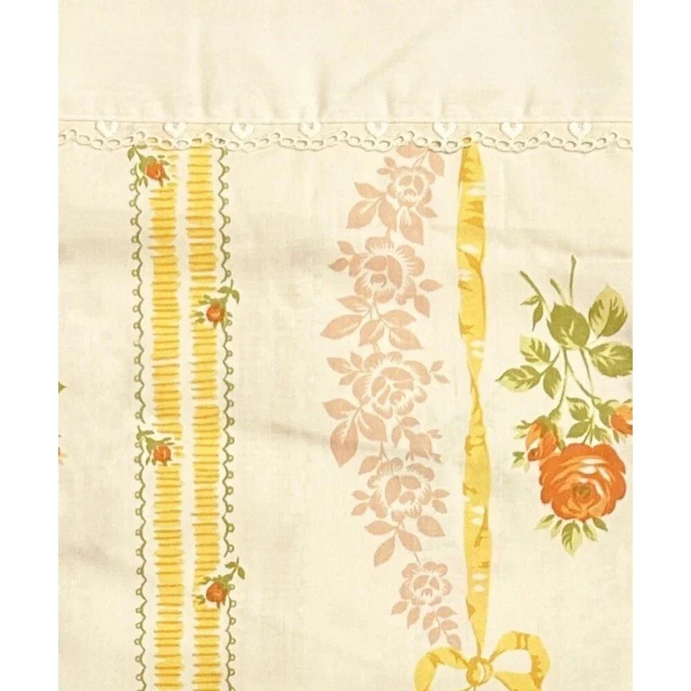 Vintage JC Penney Queen Flat Sheet Floral Yellow Ribbons Bows Embroidered Hearts